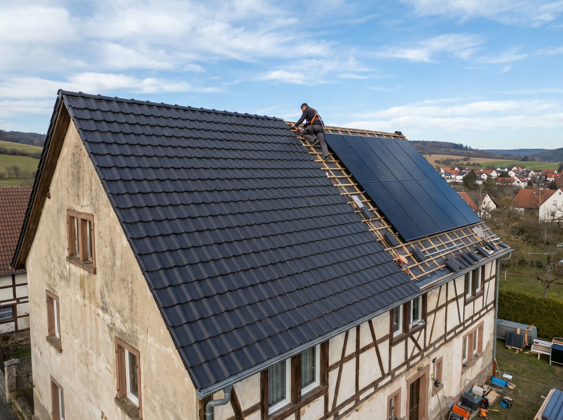 Sanierte Dachfläche mit neuen Ziegeln und integrierten Solarmodulen