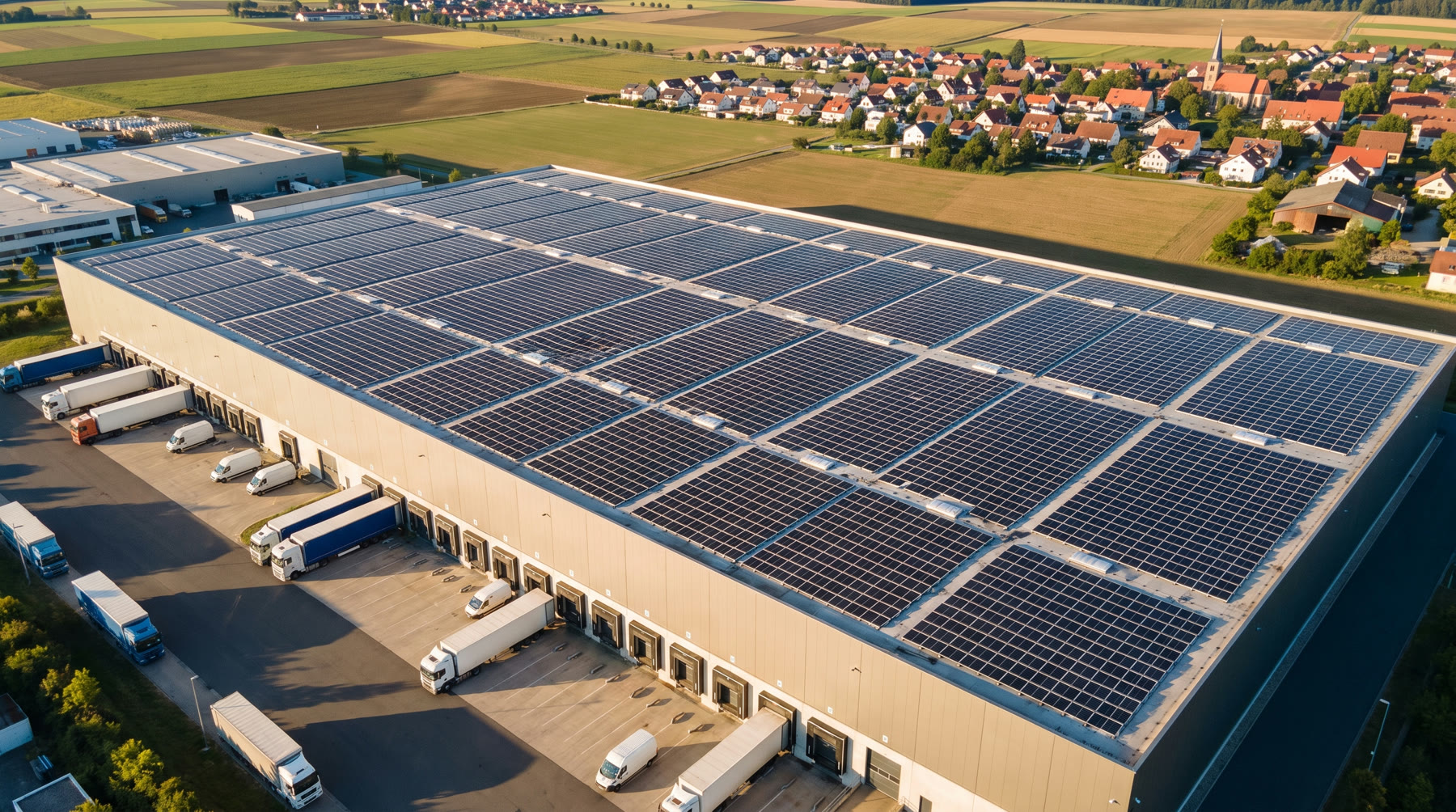 Gewerbehalle mit Photovoltaik auf dem Flachdach aus der Luft