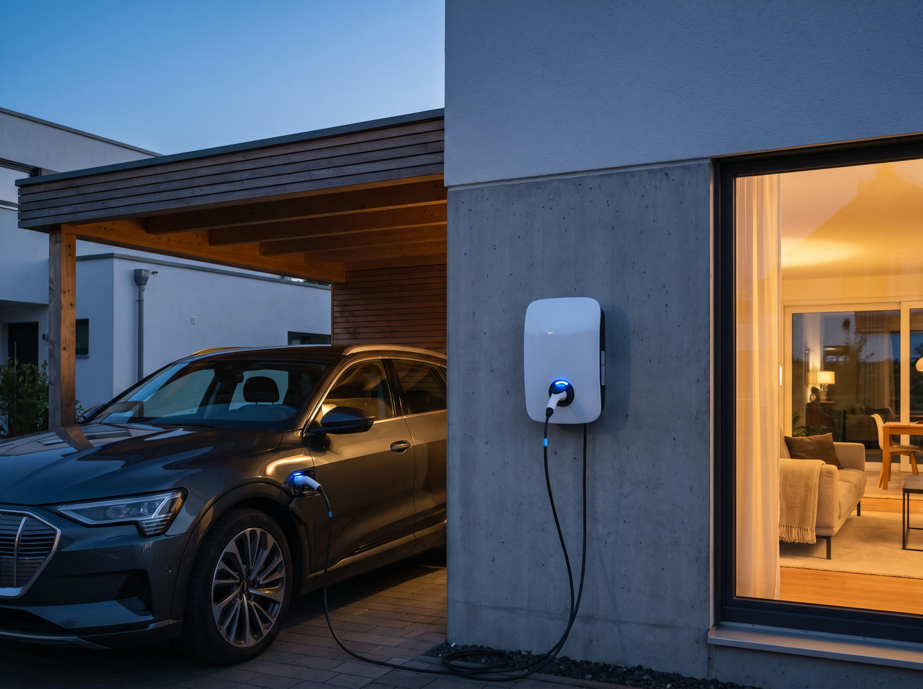 Elektroauto lädt an einer Wallbox im Carport