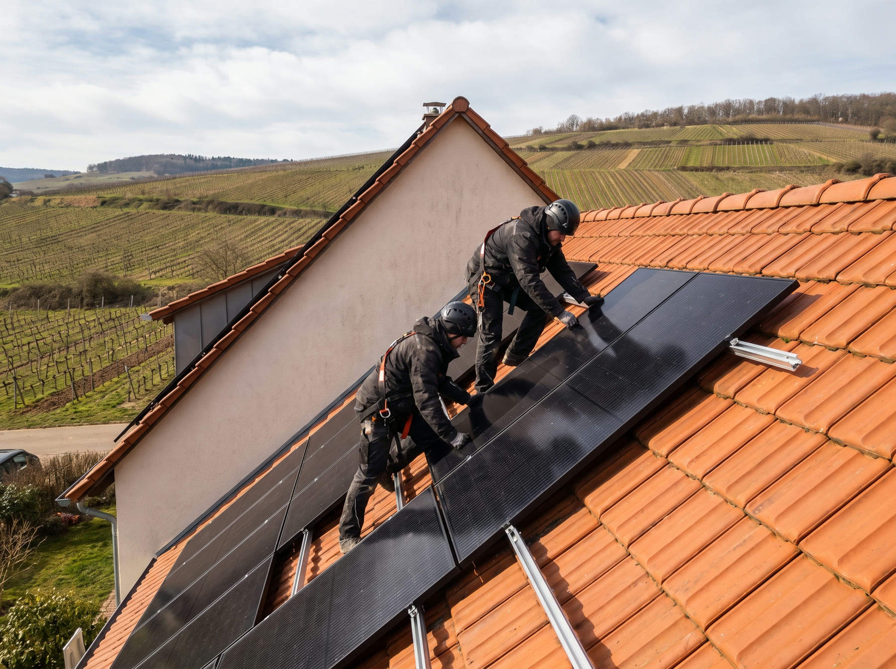 Montage schwarzer Solarmodule auf einem Ziegeldach in der Pfalz