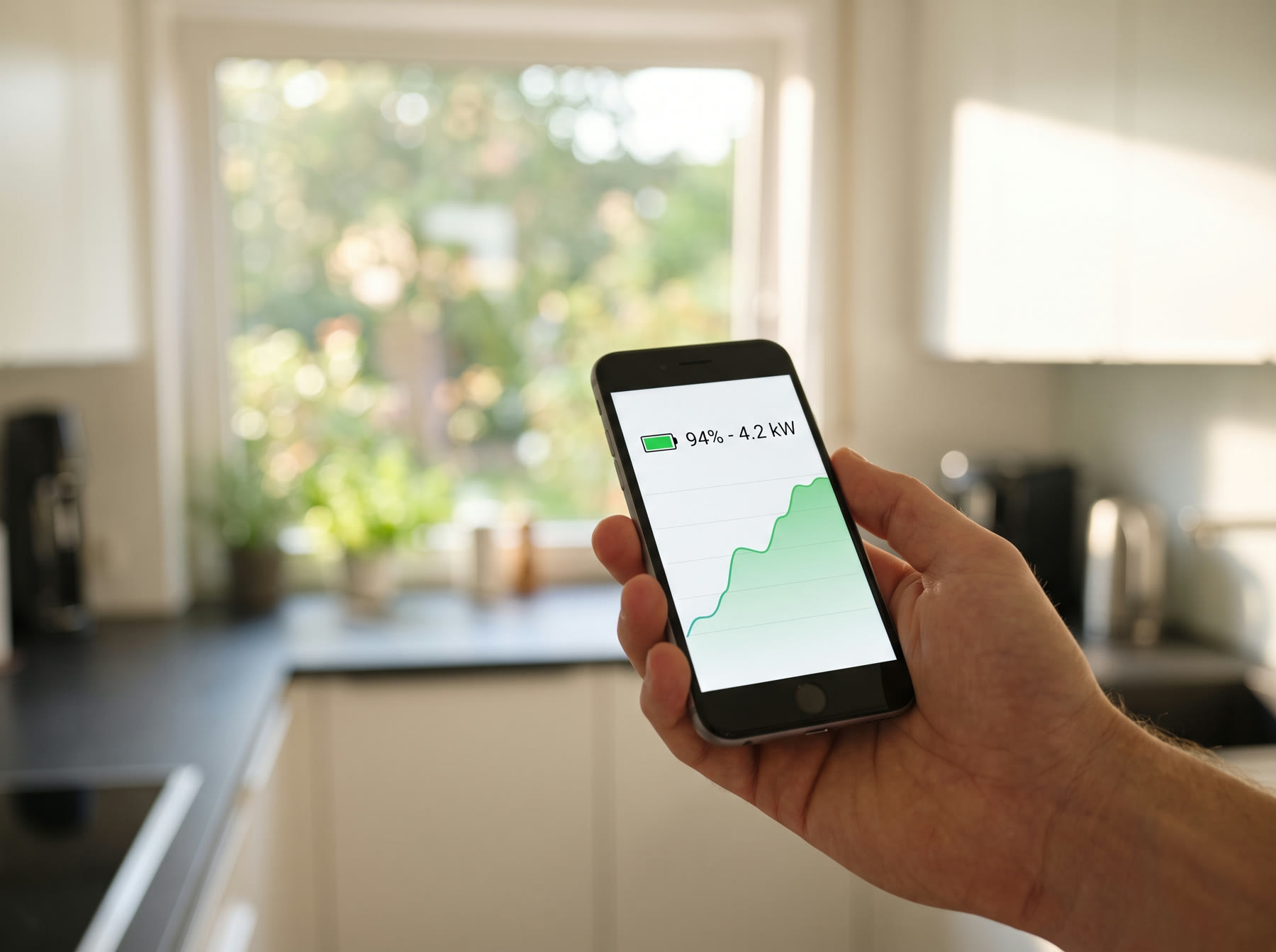 Smartphone mit Energie-App in einer Küche