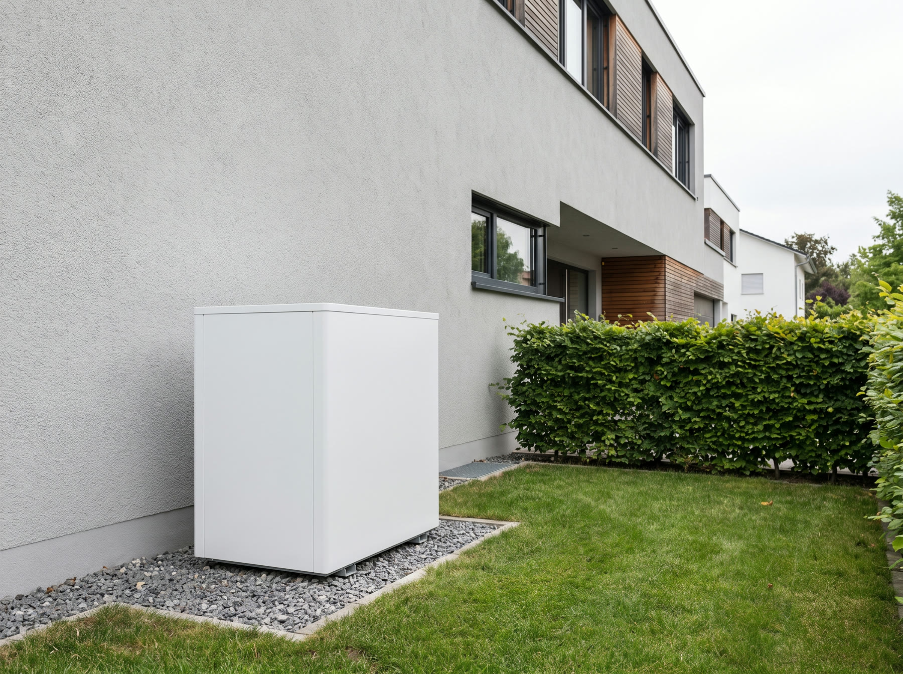 Weiße Luft-Wasser-Wärmepumpe neben einer Hauswand