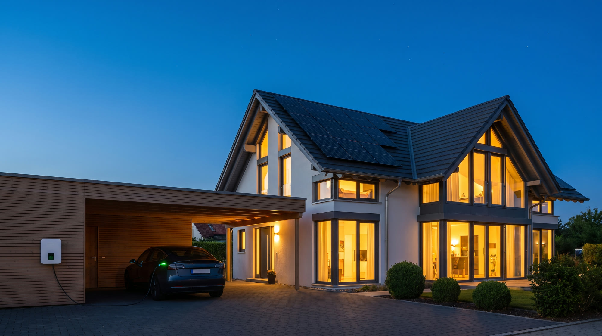 Einfamilienhaus zur Blauen Stunde mit Solarmodulen auf dem Dach, an der Wallbox lädt ein Elektroauto